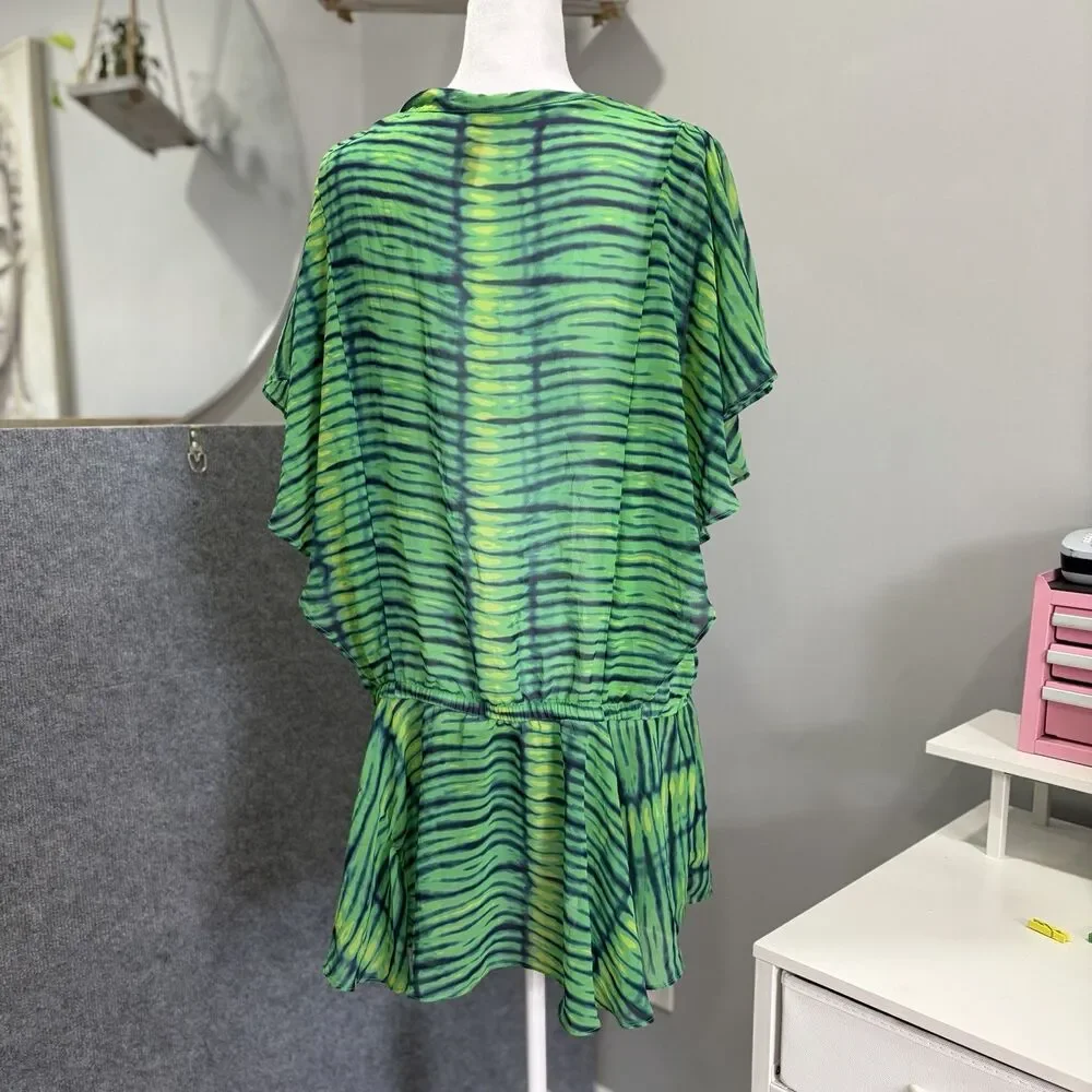 Victorias Secret Green Tie Dye Sequin Trim Sheer Swim Cover Up Tunic Dress M/L